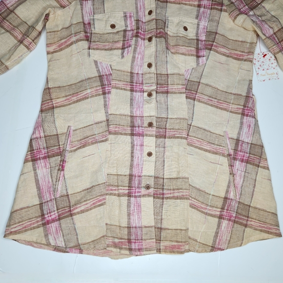 Free People Linen Blend Plaid Button Shirt Womens Medium Pink Tan Pockets NWT - Picture 4 of 10